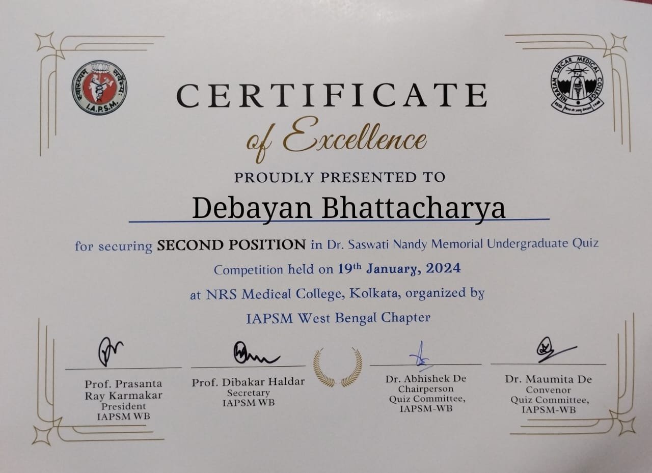 Debayan Bhattacharya UG  student from Burdwan medical college secured second position in Quiz competition.