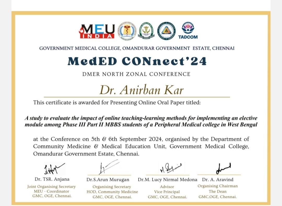 A paper presented in a conference on Medical education by PG Resident at MedED CONnect' 2024.