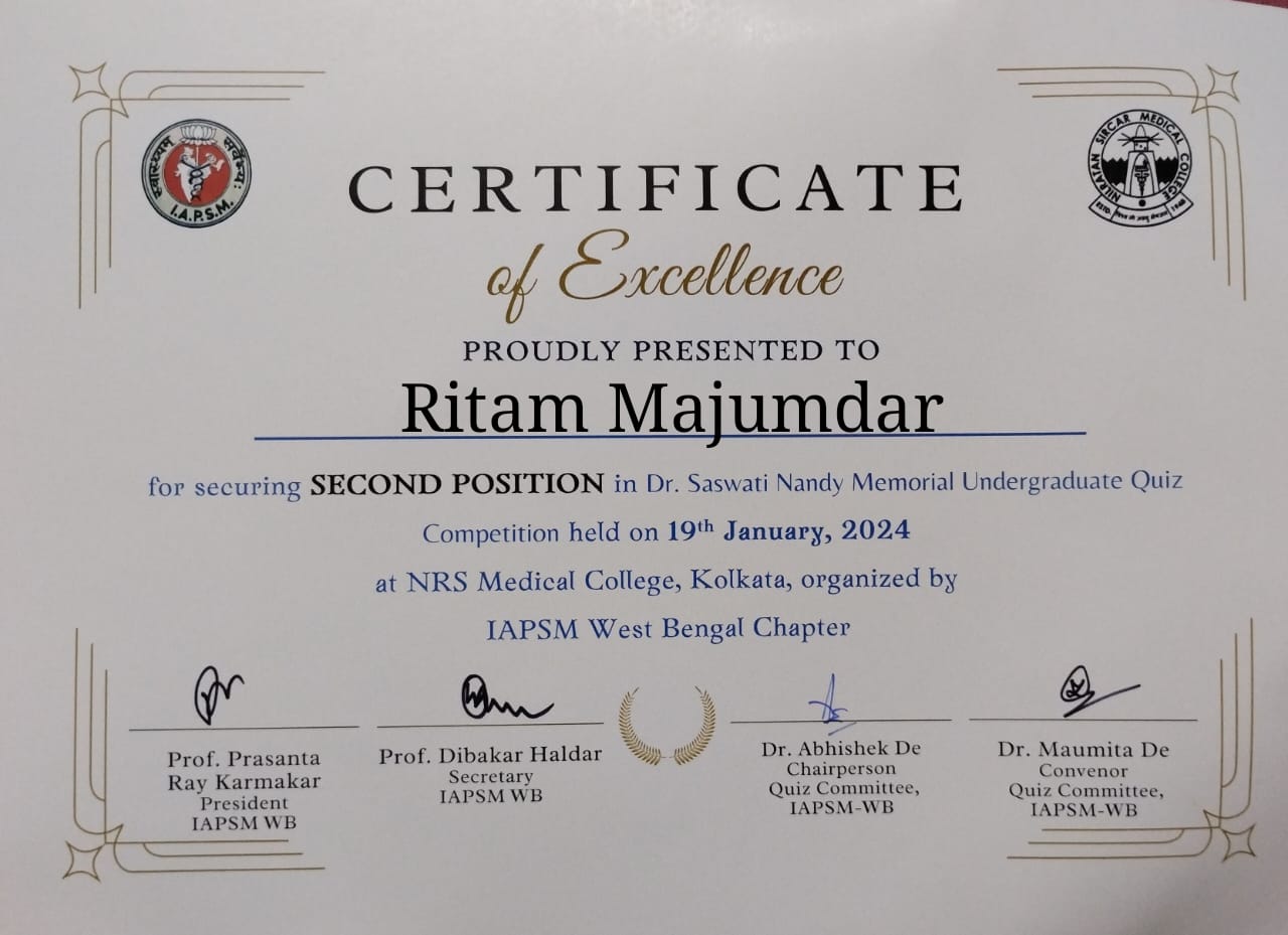 Ritam Majumdar UG  student from Burdwan medical college secured second position in Quiz competition.